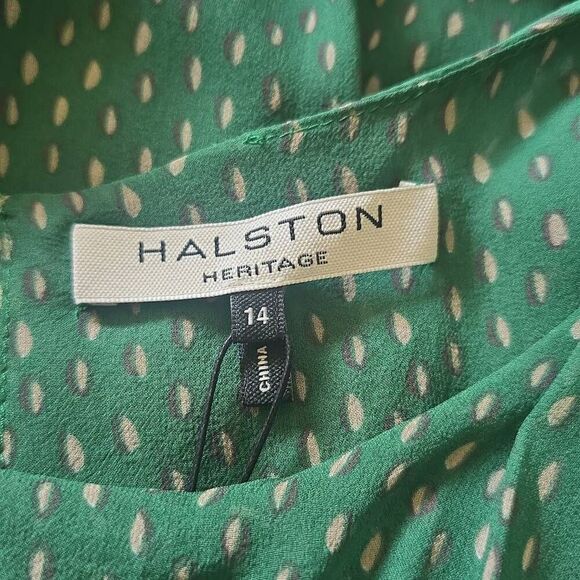 Halston Heritage Wmn's Slvls Grn Silk Round Neck Printed Ruched Maxi, NWT,Sz 14 - Picture 9 of 12